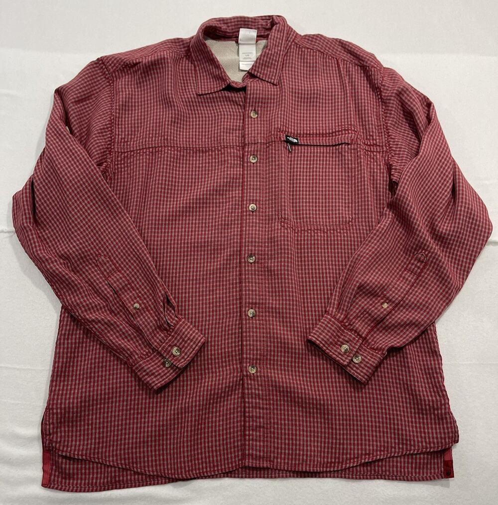 The North Face Vented Button Up Shirt Red Hiking Fishing Long Sleeve Size Lrg.